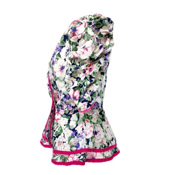 1980's Cotton Floral Puff Sleeve Peplum Blouse - Picture 2 of 4